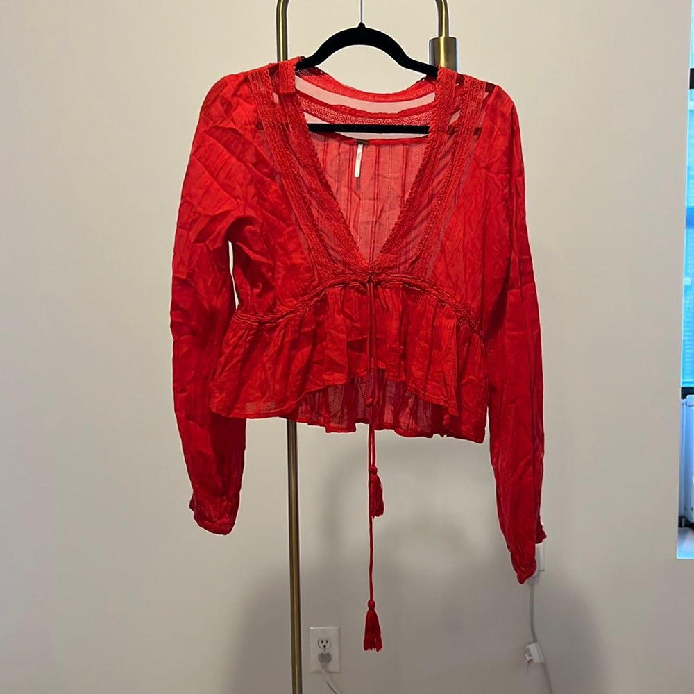 Free People Red Long Sleeve Tassel Shirt